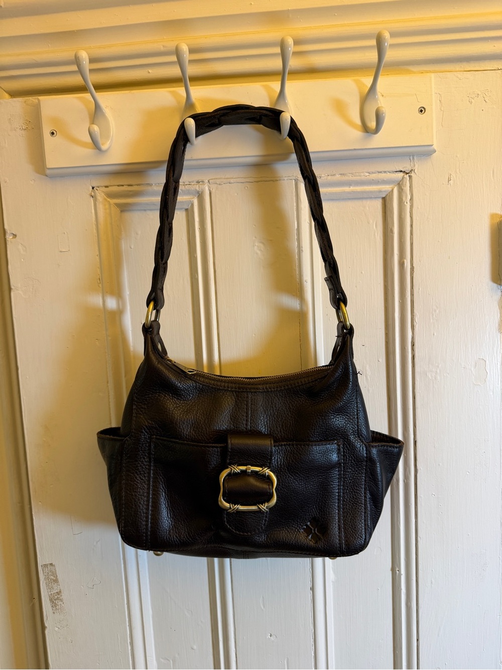Patricia Nash Dark Brown Leather Shoulder Bag Braided Strap Buckle Hobo Purse